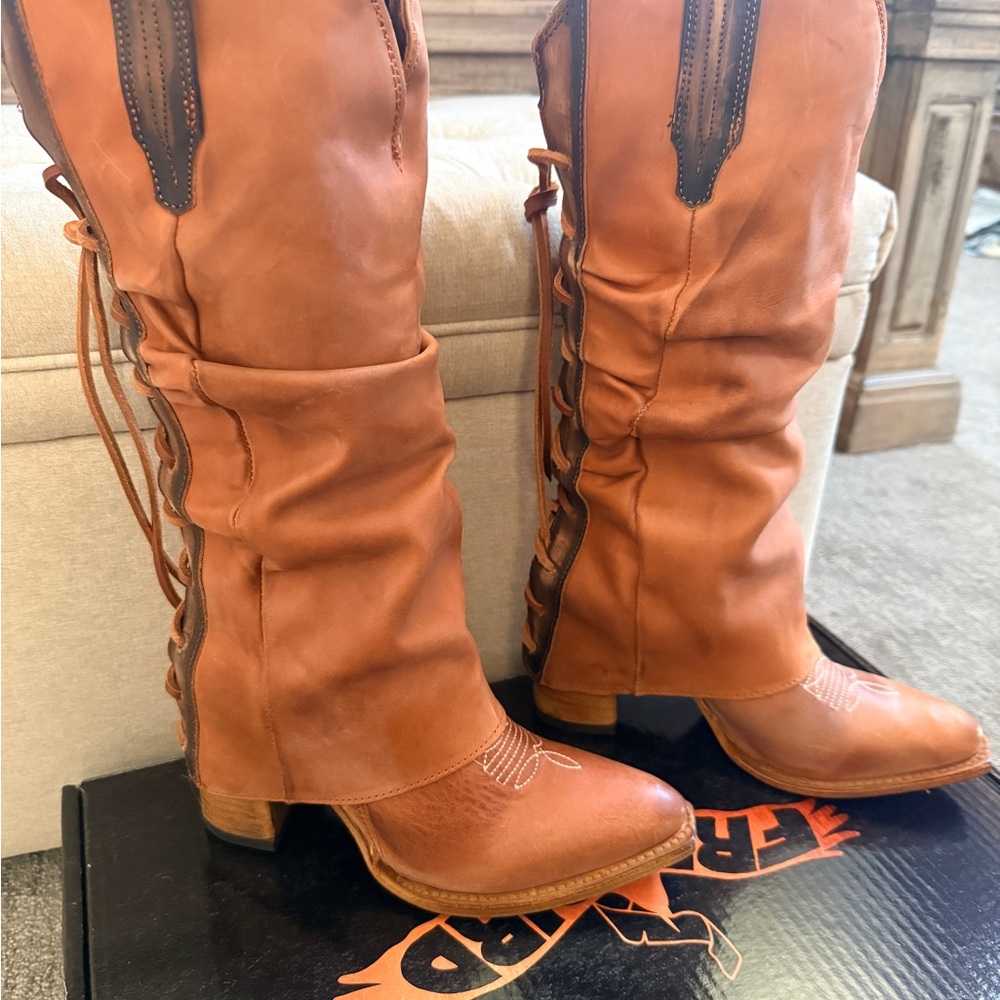 New Freebird Jules Cognac Size 9 Leather Overlay Lace Up Western Boot